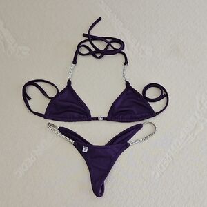 Teeny B Royal Purple Rhinestone Trim Thong Bikini